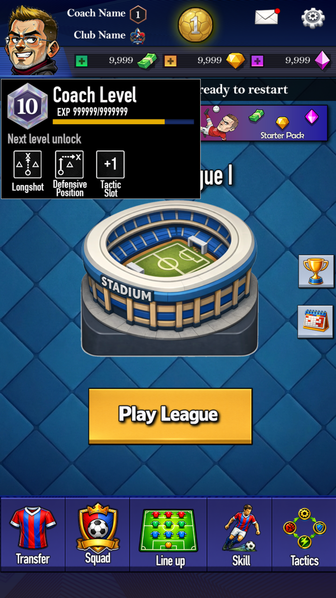 Coach level screen with stadium and progression panel