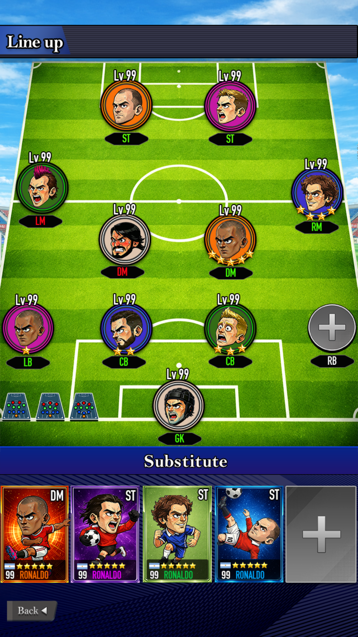 Line up screen showing football formation and substitute player cards