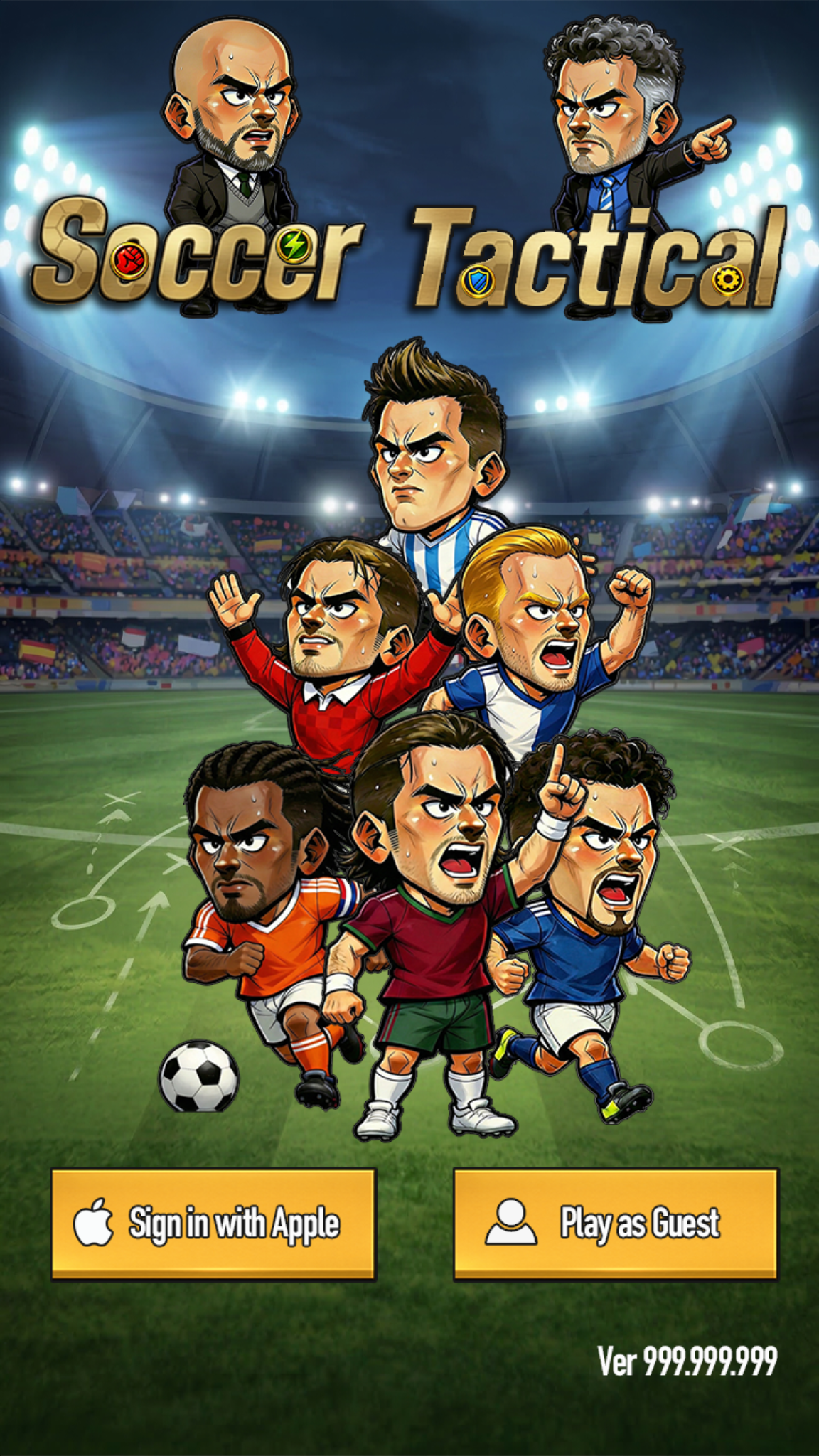 Soccer Tactical login screen with cartoon football players in a stadium