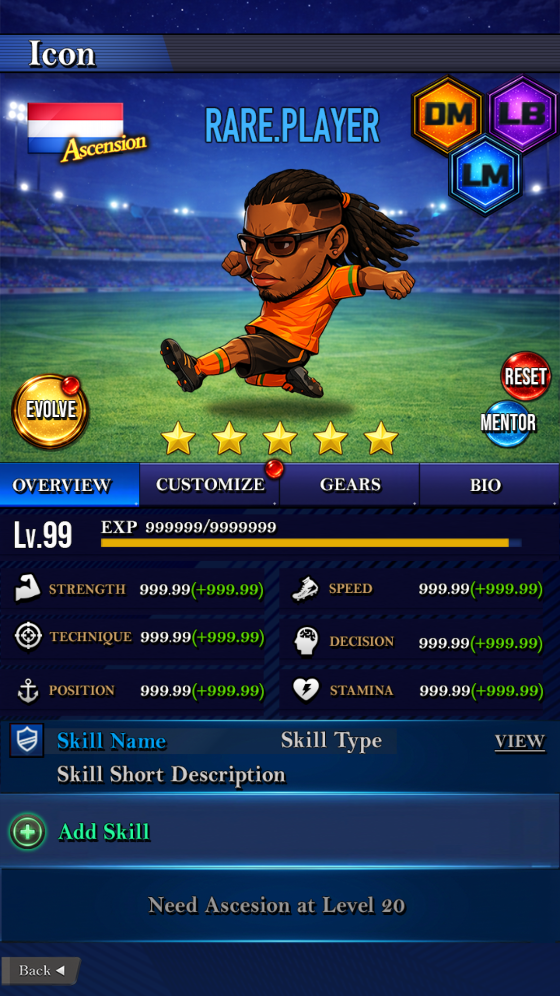 Player detail screen with attributes