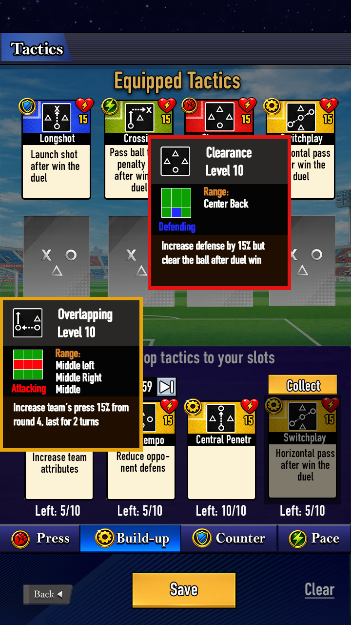 Tactics setup screen with tactic cards