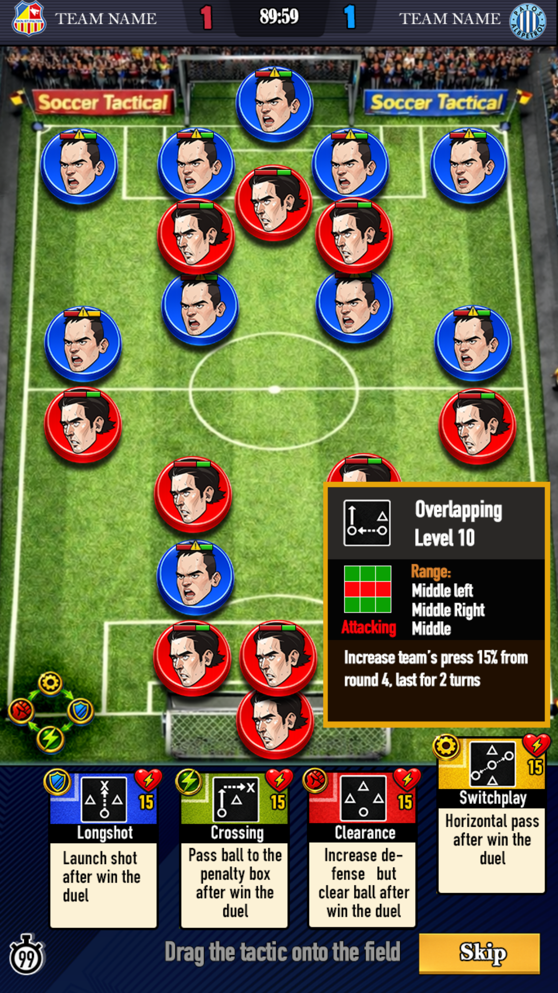 Match screen with tactic cards and selected tactic popup
