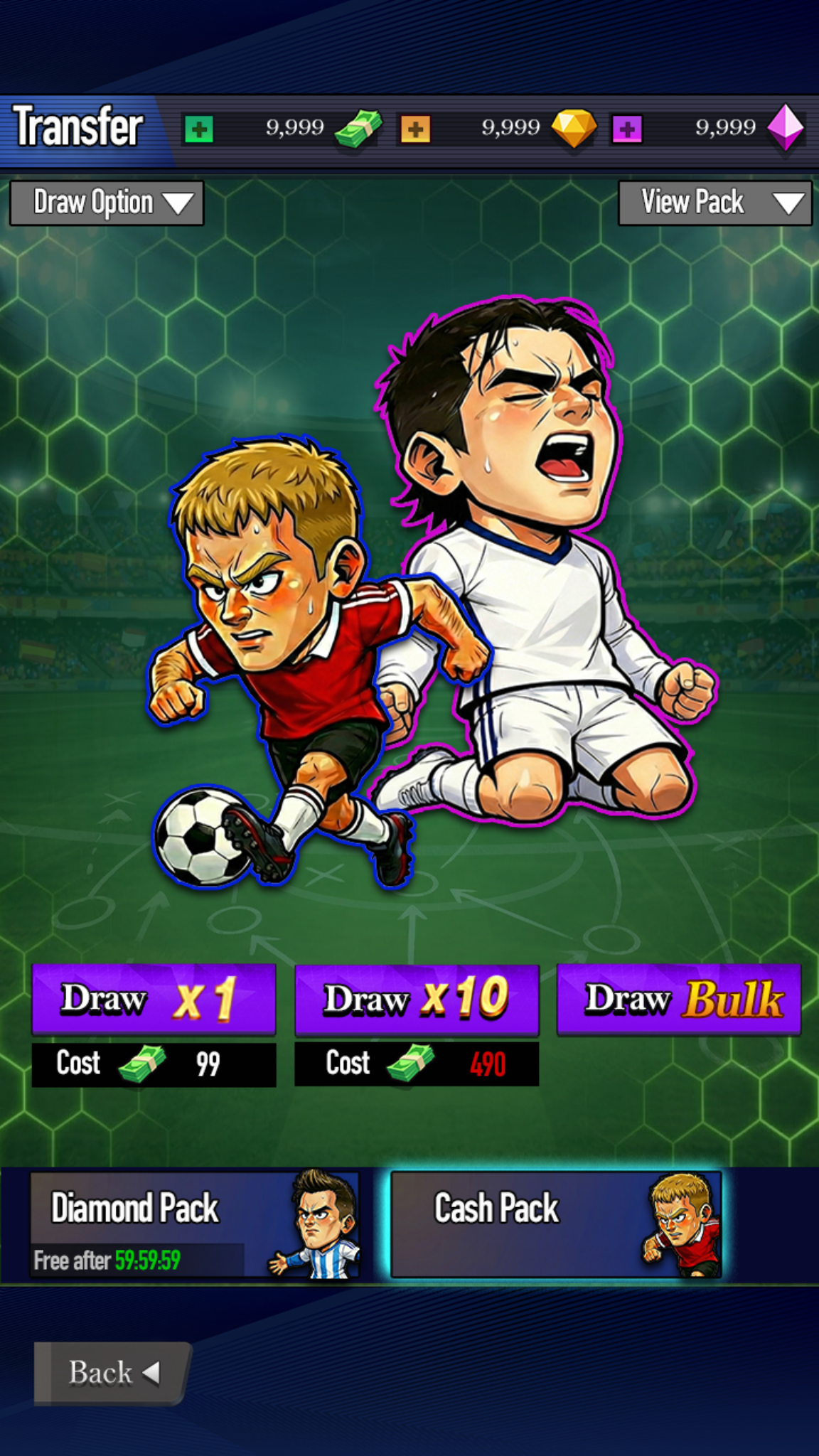 Transfer draw screen with card pack buttons